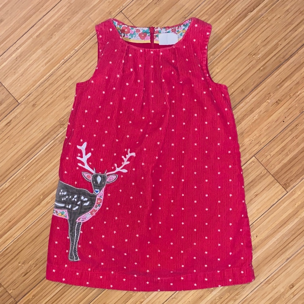 Mini Boden Holiday Red Corduroy Dress with Reindeer Design, 3-4Y